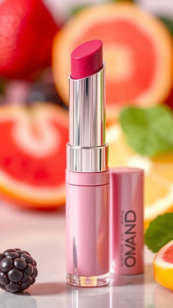 Romand Juicy Lasting Tint 05 Review Romand Juicy Lasting Tint 05 in a tube with berry color swatch on a blurred background.